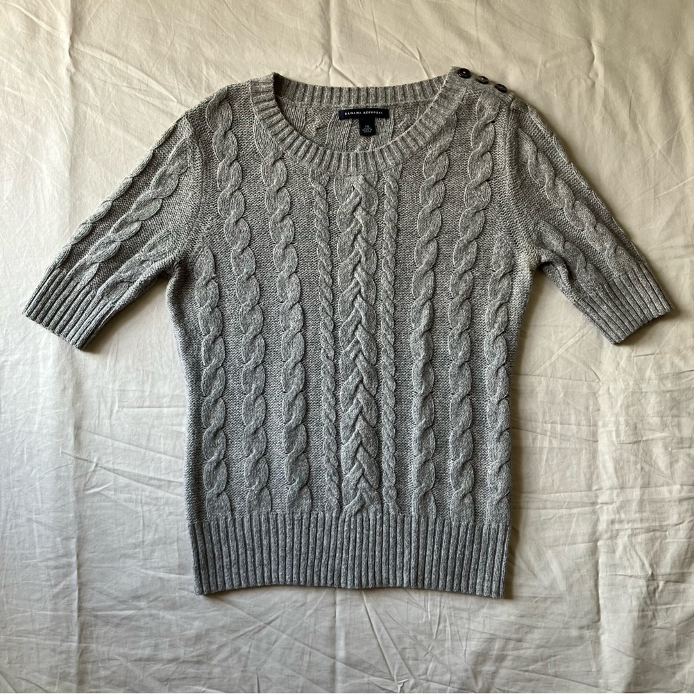 Banana Republic short-sleeve crewneck cable knit sweater w/ button detail, grey